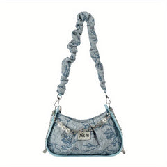 Ruched Shoulder Bag Faux Pearl Decor Chain Crossbody Bag