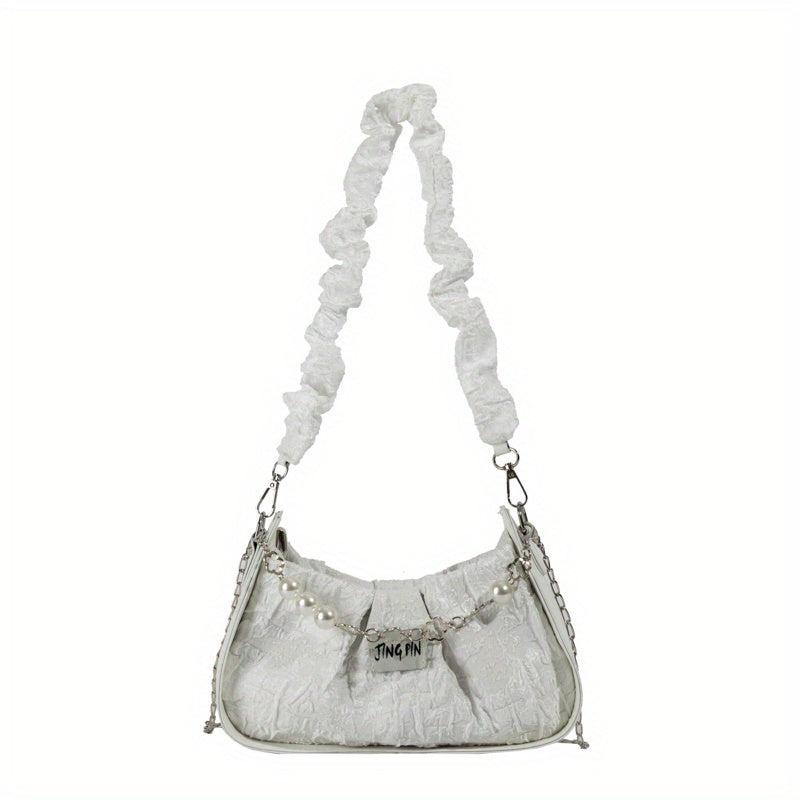 Ruched Shoulder Bag Faux Pearl Decor Chain Crossbody Bag