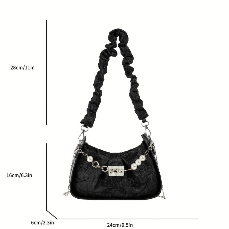 Ruched Shoulder Bag Faux Pearl Decor Chain Crossbody Bag