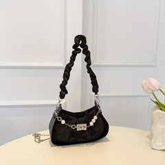 Ruched Shoulder Bag Faux Pearl Decor Chain Crossbody Bag