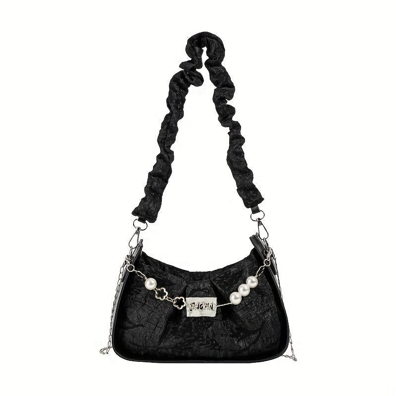Ruched Shoulder Bag Faux Pearl Decor Chain Crossbody Bag