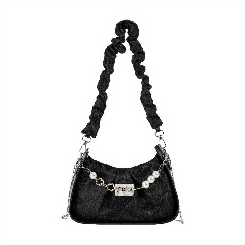 Ruched Shoulder Bag Faux Pearl Decor Chain Crossbody Bag