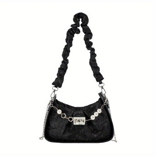 Ruched Shoulder Bag Faux Pearl Decor Chain Crossbody Bag