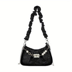 Ruched Shoulder Bag Faux Pearl Decor Chain Crossbody Bag