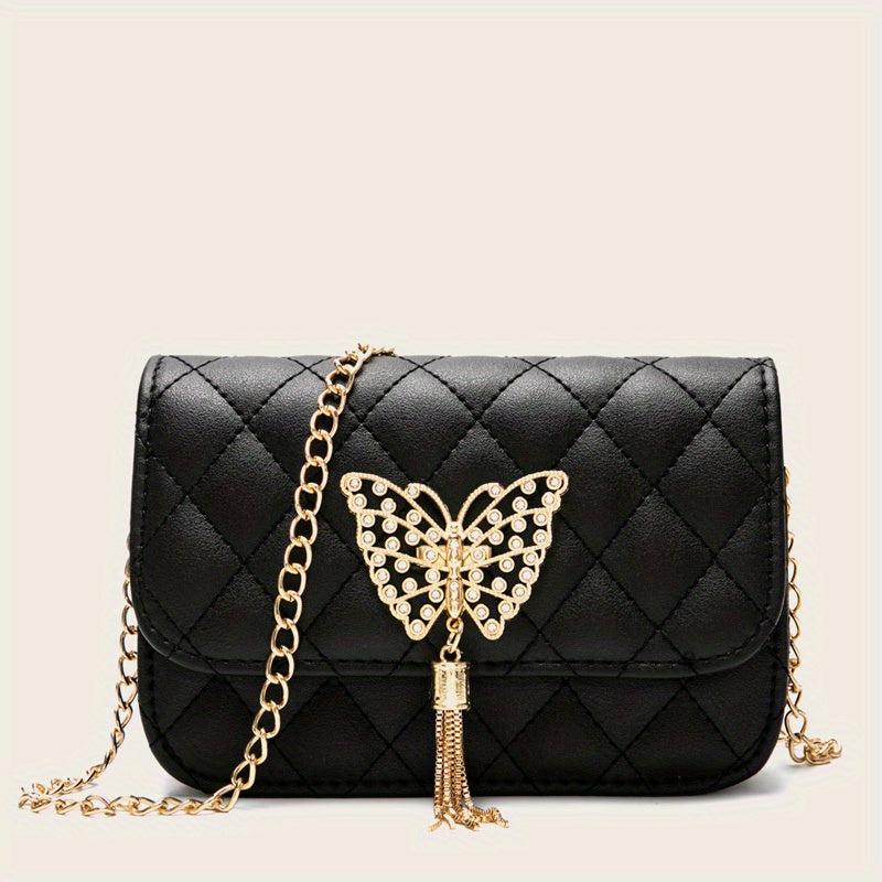 Mini Chain Crossbody Bag Butterfly Tassel Square Purse