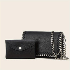 2pcs Metal Chain Crossbody Envelope Purse Set PU Leather Textured Bag Purse