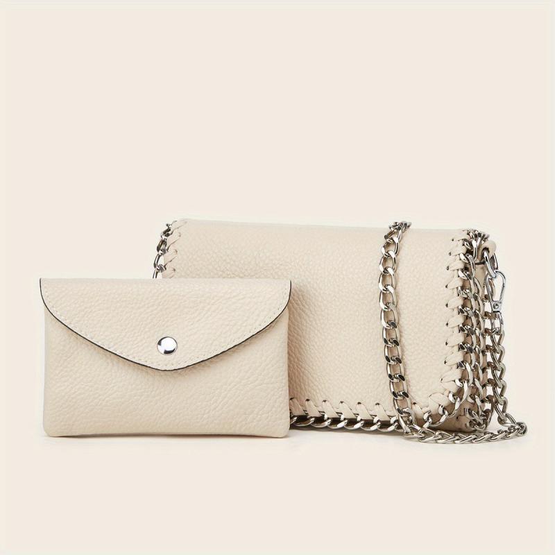 2pcs Metal Chain Crossbody Envelope Purse Set PU Leather Textured Bag Purse