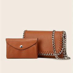2pcs Metal Chain Crossbody Envelope Purse Set PU Leather Textured Bag Purse