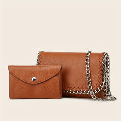 2pcs Metal Chain Crossbody Envelope Purse Set PU Leather Textured Bag Purse
