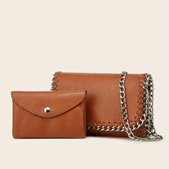 2pcs Metal Chain Crossbody Envelope Purse Set PU Leather Textured Bag Purse