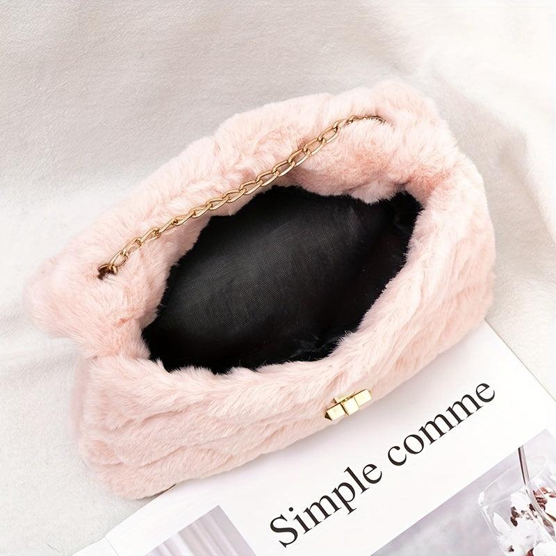 Minimalist Plush Bag with Turn Lock Chain - All Match Purse