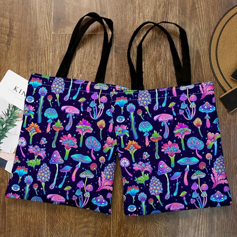 Ombre Mushroom Print Canvas Tote Bag Large Capacity Lightweight Shoulder Bag