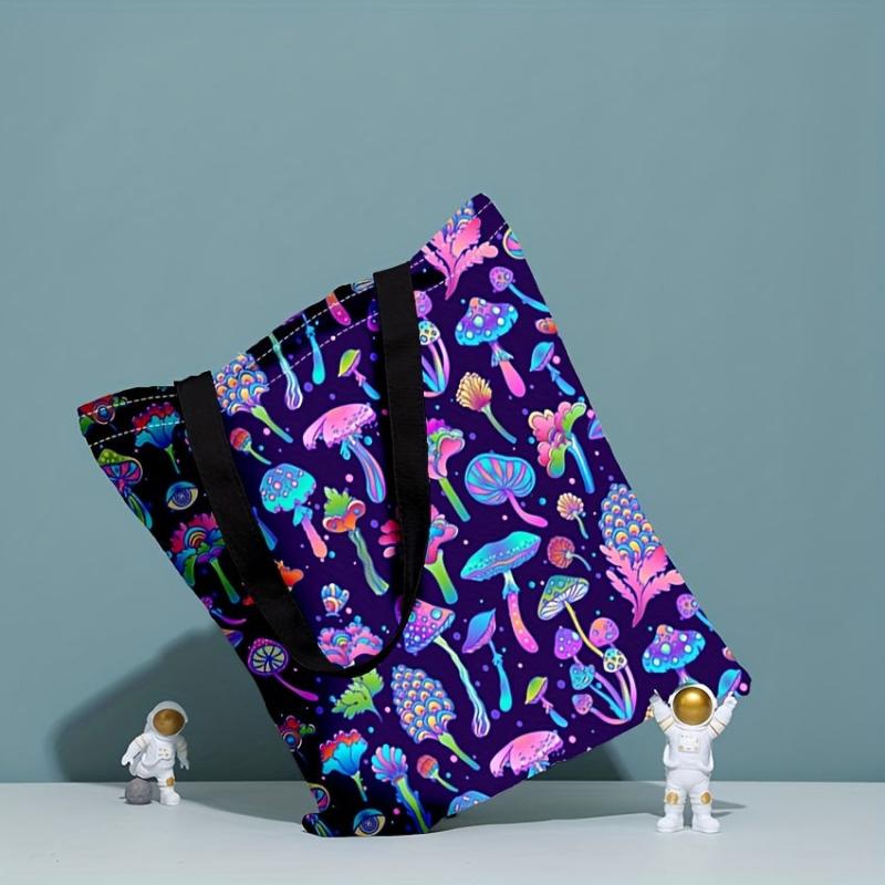 Ombre Mushroom Print Canvas Tote Bag Large Capacity Lightweight Shoulder Bag
