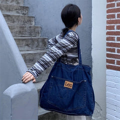 Vintage Denim Canvas Tote Bag Student Shoulder Bag Large Capacity Handbags