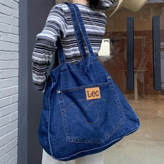 Vintage Denim Canvas Tote Bag Student Shoulder Bag Large Capacity Handbags