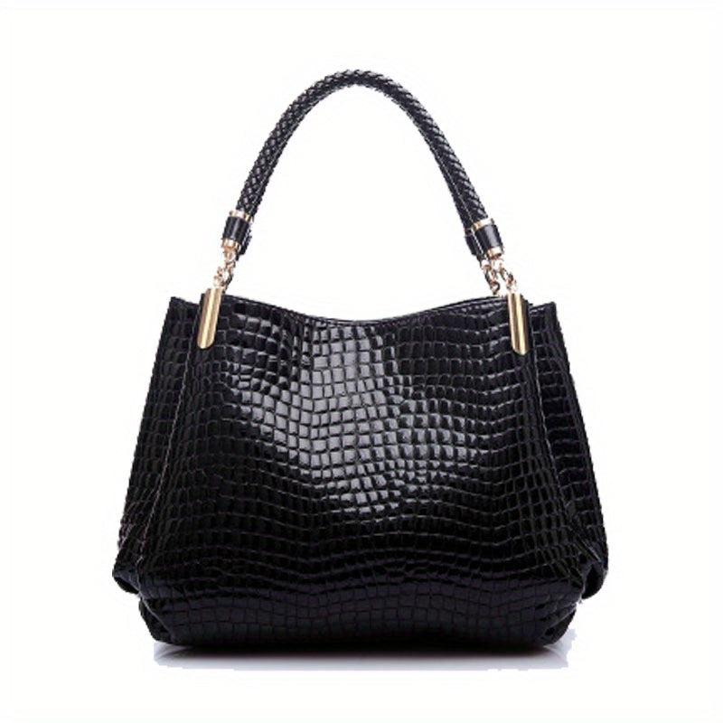 Crocodile Pattern Handbags Patent Faux Leather Shoulder Bag Ruched Office Purses