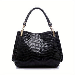Crocodile Pattern Handbags Patent Faux Leather Shoulder Bag Ruched Office Purses