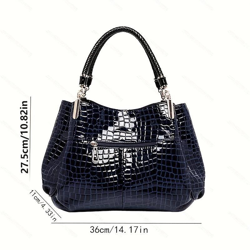 Crocodile Pattern Handbags Patent Faux Leather Shoulder Bag Ruched Office Purses