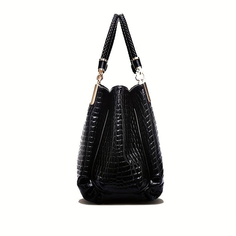 Crocodile Pattern Handbags Patent Faux Leather Shoulder Bag Ruched Office Purses
