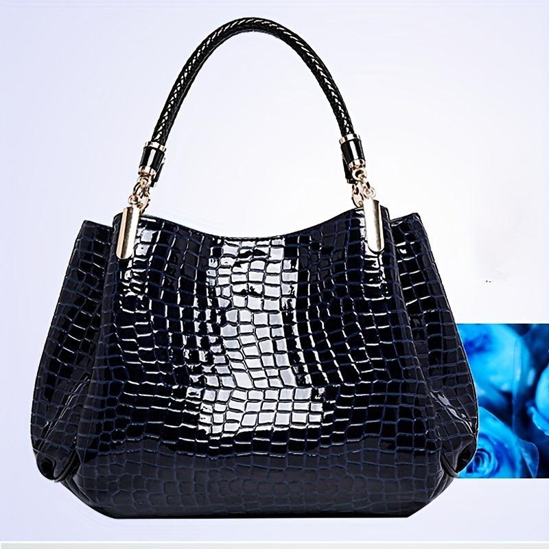 Crocodile Pattern Handbags Patent Faux Leather Shoulder Bag Ruched Office Purses