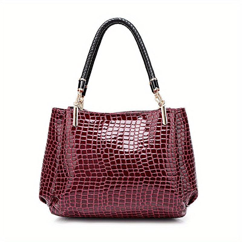 Crocodile Pattern Handbags Patent Faux Leather Shoulder Bag Ruched Office Purses