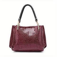 Crocodile Pattern Handbags Patent Faux Leather Shoulder Bag Ruched Office Purses