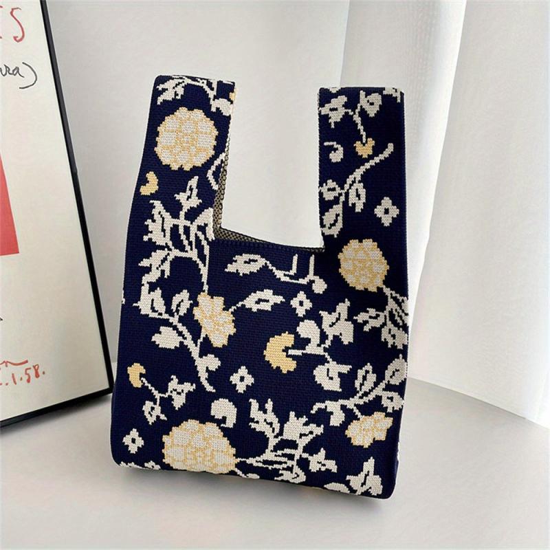 Flowers Pattern Knitted Handbag Fabric Crochet Niche Tote Bag