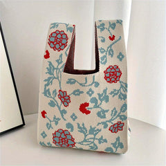 Flowers Pattern Knitted Handbag Fabric Crochet Niche Tote Bag