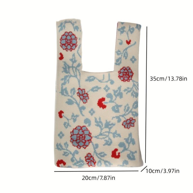 Flowers Pattern Knitted Handbag Fabric Crochet Niche Tote Bag