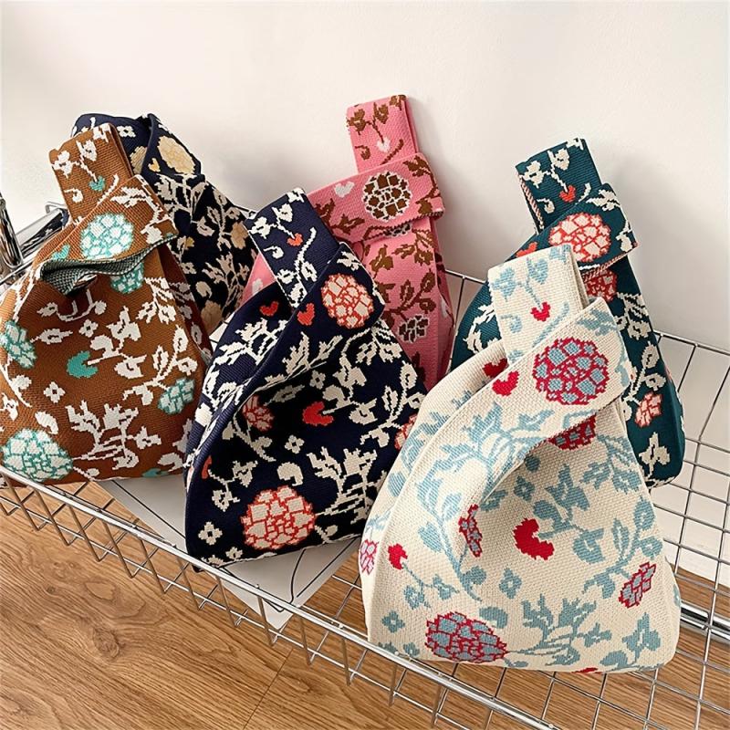 Flowers Pattern Knitted Handbag Fabric Crochet Niche Tote Bag