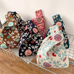 Flowers Pattern Knitted Handbag Fabric Crochet Niche Tote Bag
