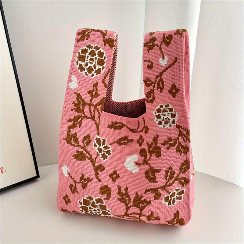 Flowers Pattern Knitted Handbag Fabric Crochet Niche Tote Bag