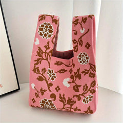 Flowers Pattern Knitted Handbag Fabric Crochet Niche Tote Bag