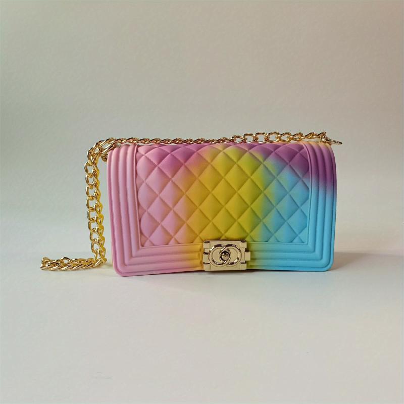 Rainbow Shoulder Bag Chain Crossbody Argyle Quilted Square Purse