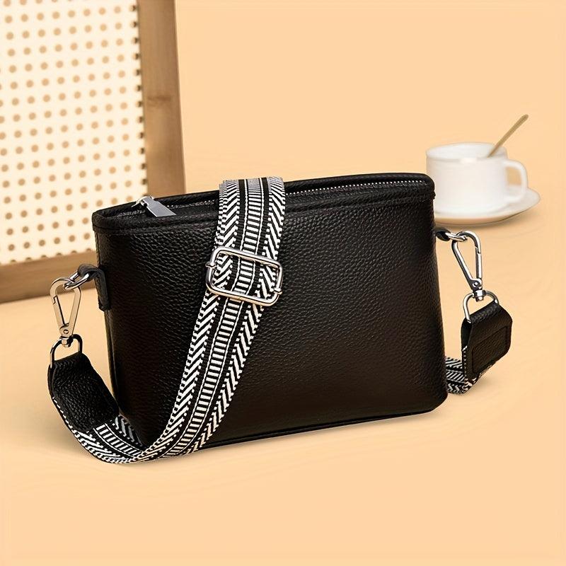 Vintage Leather Crossbody Bag Wide Strap Shoulder Purse Zipper