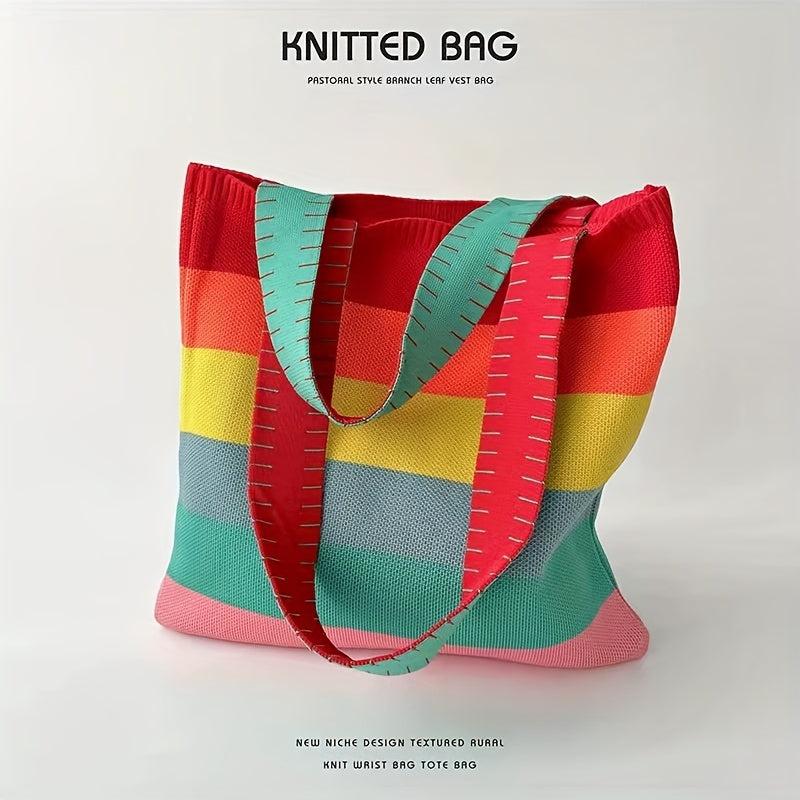 Striped Pattern Shoulder Bag Colorblock Tote Shopping HandBag