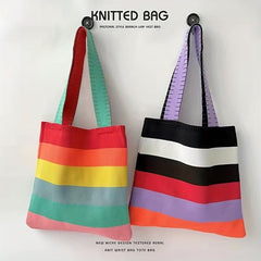 Striped Pattern Shoulder Bag Colorblock Tote Shopping HandBag