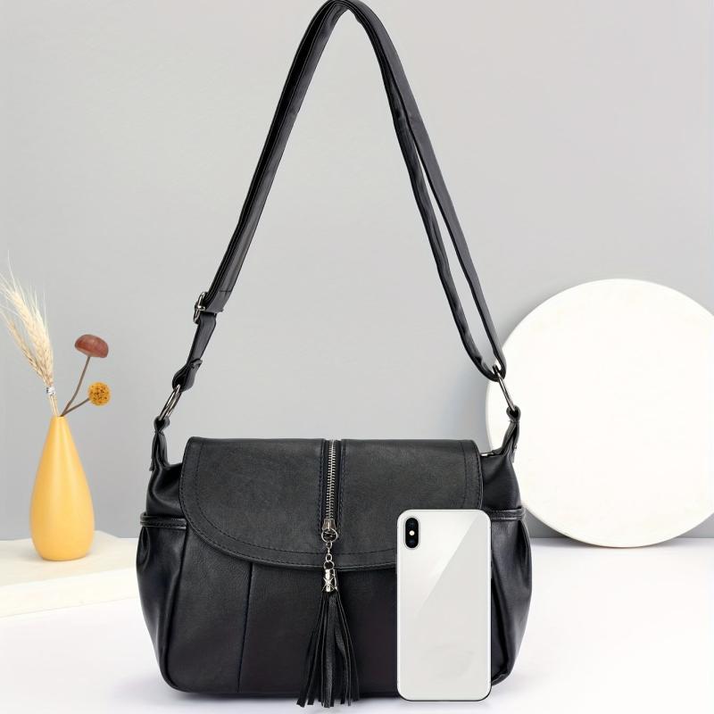 Solid Tassel Large Capacity Underarm Bag PU Leather Crossbody Messenger Tote Bag