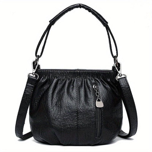 Retro Ruched Crossbody Bag Vegan Leather Handbag Stylish Shoulder Purse