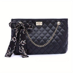 Argyle Quilted Chain Crossbody Bag with Women's Scarf Decor