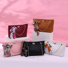 Argyle Quilted Chain Crossbody Bag with Women's Scarf Decor