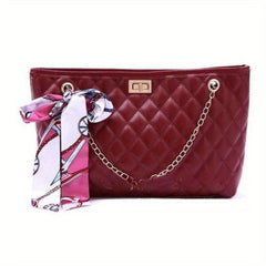 Argyle Quilted Chain Crossbody Bag with Women's Scarf Decor