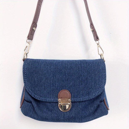 Vintage Denim Shoulder Bag Women's Buckle Decor Handbag Flap Purse