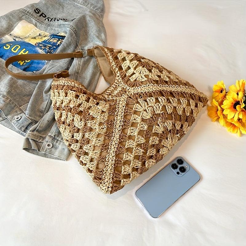 Boho Style Straw Bag Woven Beach Shoulder Bag For Women