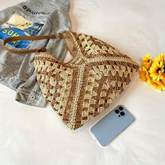 Boho Style Straw Bag Woven Beach Shoulder Bag For Women