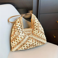 Boho Style Straw Bag Woven Beach Shoulder Bag For Women