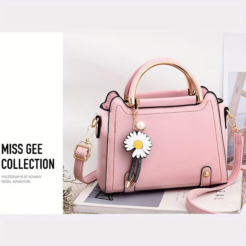 Classic Satchel Bag with Flower Pendant Shoulder Bag for Work