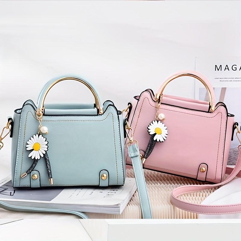 Classic Satchel Bag with Flower Pendant Shoulder Bag for Work