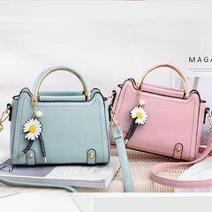 Classic Satchel Bag with Flower Pendant Shoulder Bag for Work