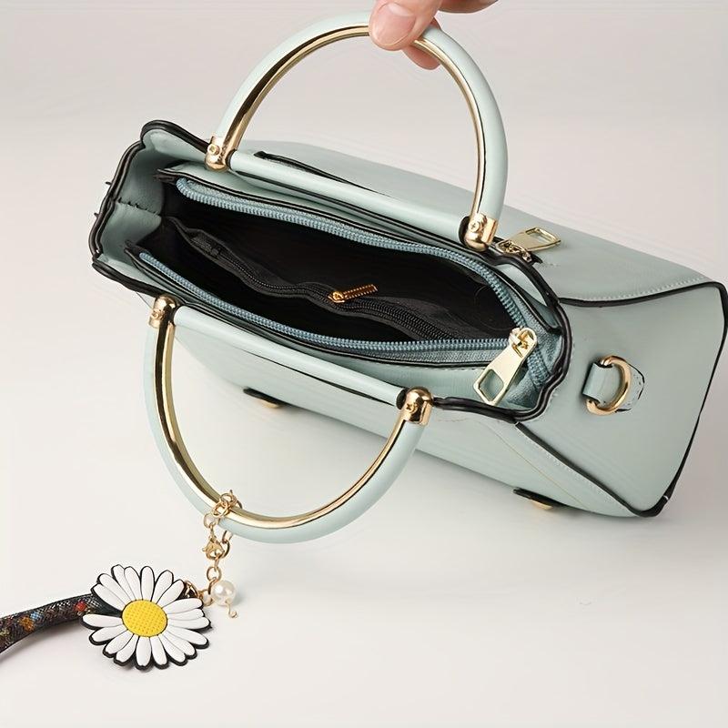 Classic Satchel Bag with Flower Pendant Shoulder Bag for Work